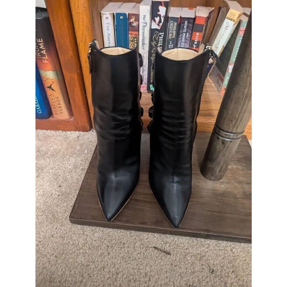 Rousseau Boots Black Tan Heels EU 38 US 8M Italy Leather Closed Toe Stiletto - Picture 2 of 6